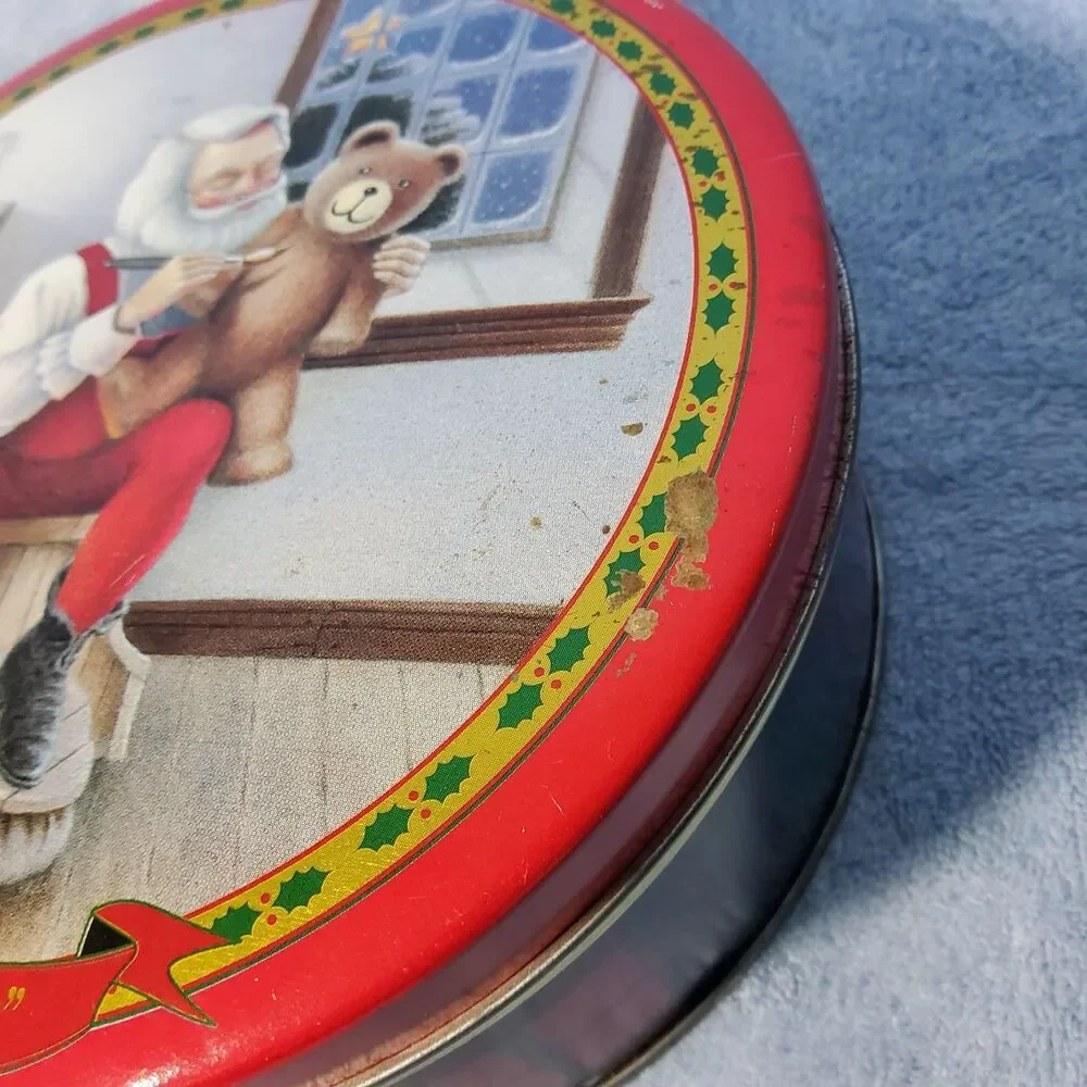 Vintage Christmas Holiday Tin Santa Painting Teddy Bear Finishing Touches Plaid